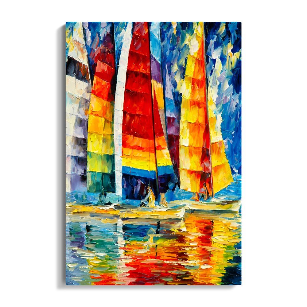 Vibrant Sailing Yachts in Colorful Waters - Stunning Oil Painting for Nautical Decor