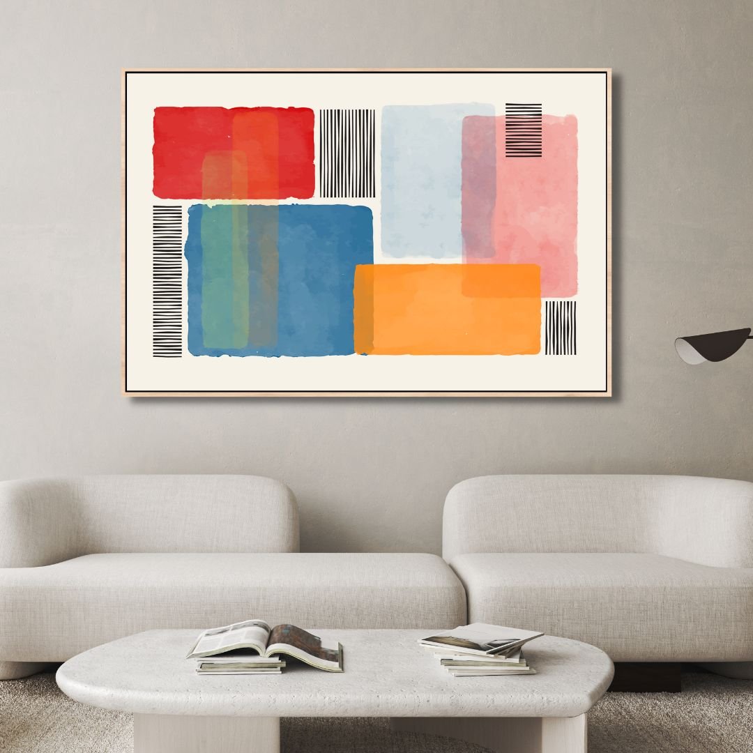 Vibrant Abstract Geometric Painting with Colorful Blocks and Stripes for Modern Decor