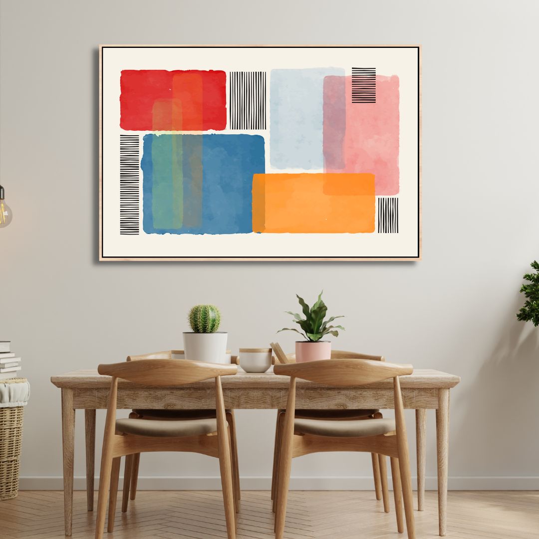 Vibrant Abstract Geometric Painting with Colorful Blocks and Stripes for Modern Decor