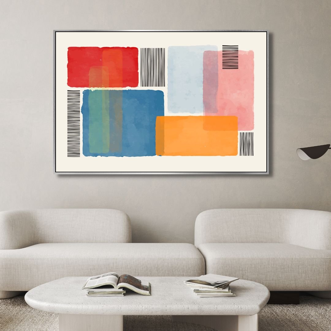 Vibrant Abstract Geometric Painting with Colorful Blocks and Stripes for Modern Decor