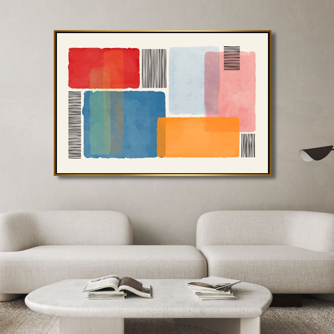 Vibrant Abstract Geometric Painting with Colorful Blocks and Stripes for Modern Decor