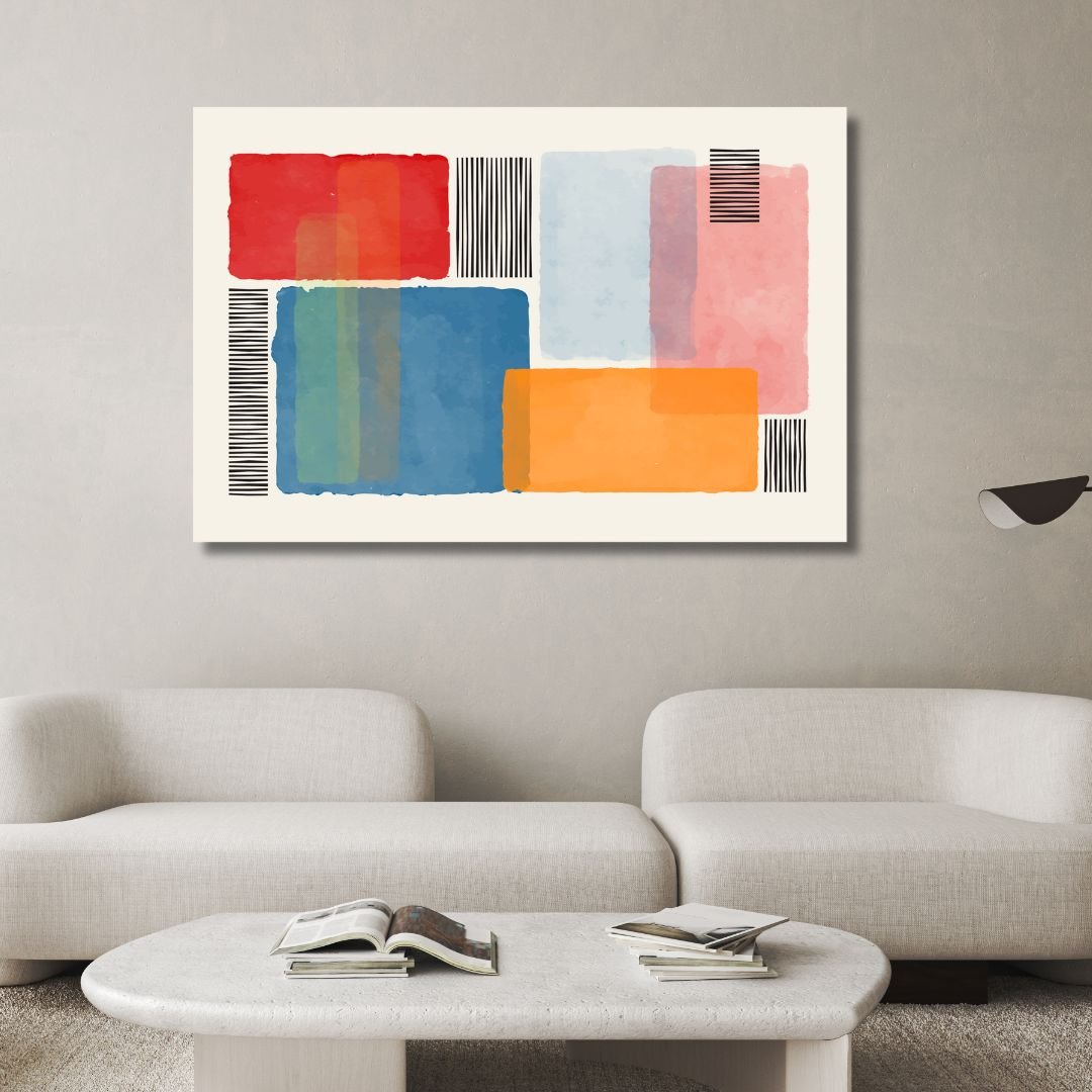 Vibrant Abstract Geometric Painting with Colorful Blocks and Stripes for Modern Decor