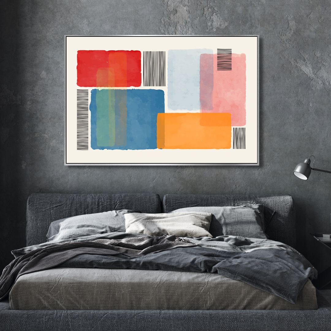 Vibrant Abstract Geometric Painting with Colorful Blocks and Stripes for Modern Decor
