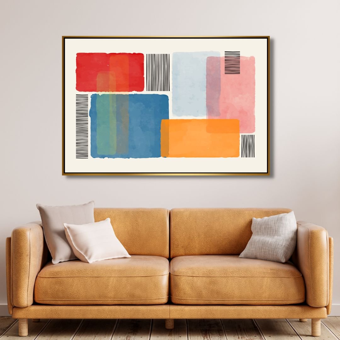 Vibrant Abstract Geometric Painting with Colorful Blocks and Stripes for Modern Decor