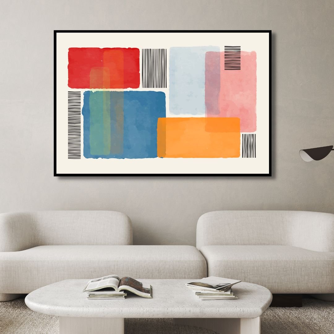 Vibrant Abstract Geometric Painting with Colorful Blocks and Stripes for Modern Decor