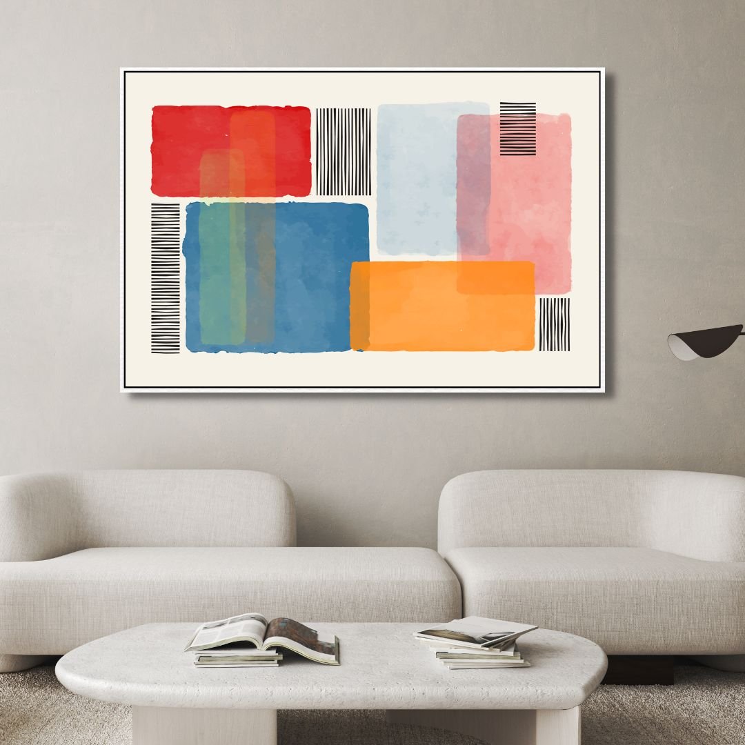Vibrant Abstract Geometric Painting with Colorful Blocks and Stripes for Modern Decor