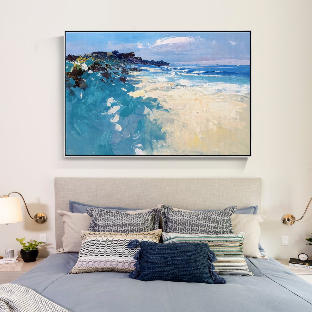 Serene Coastal Landscape with Gentle Waves and Vibrant Coral Hues