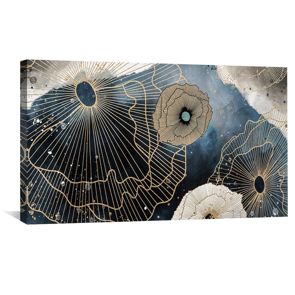 Elegant Gold and Blue Floral Abstract Oil Painting for Modern Home Decor
