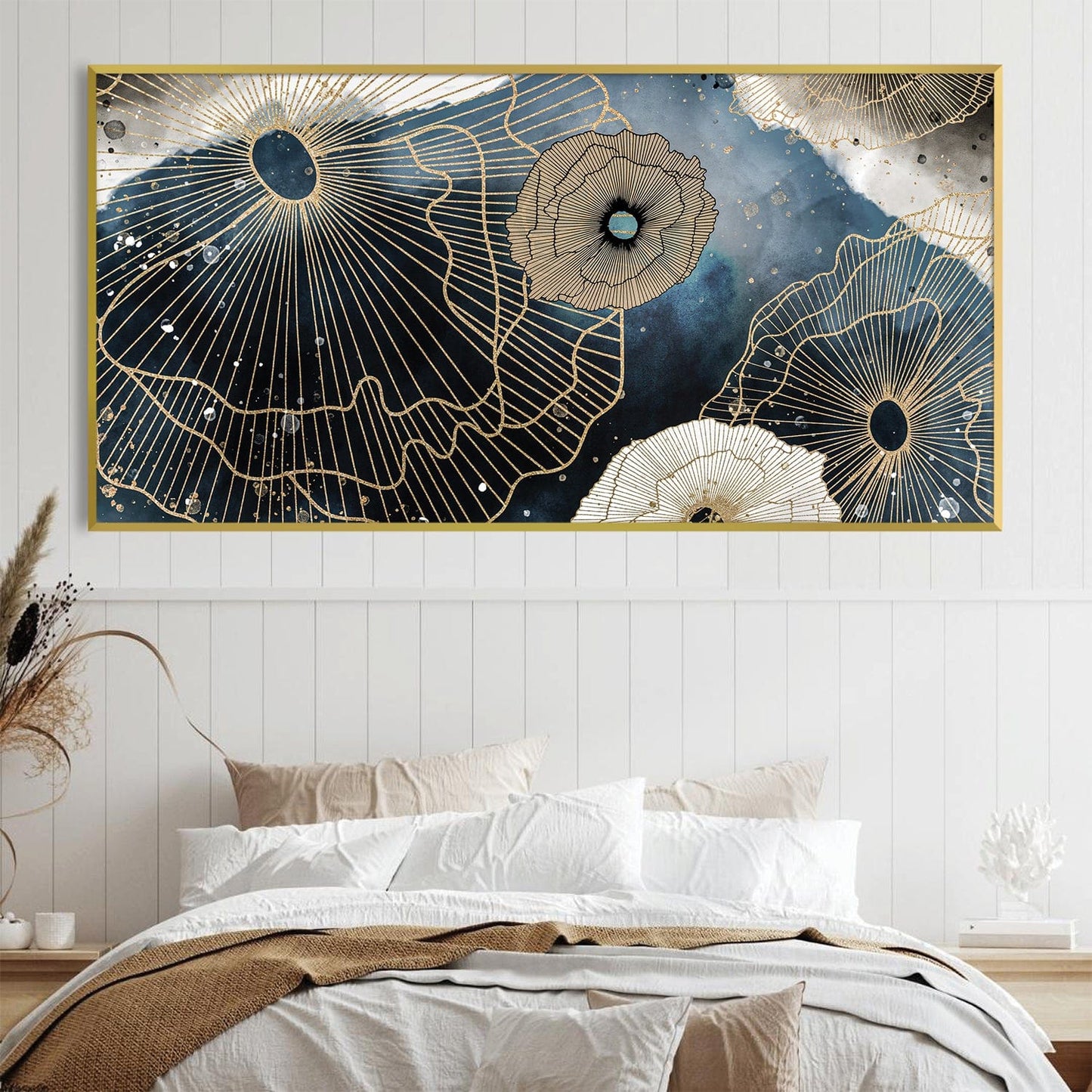 Elegant Gold and Blue Floral Abstract Oil Painting for Modern Home Decor