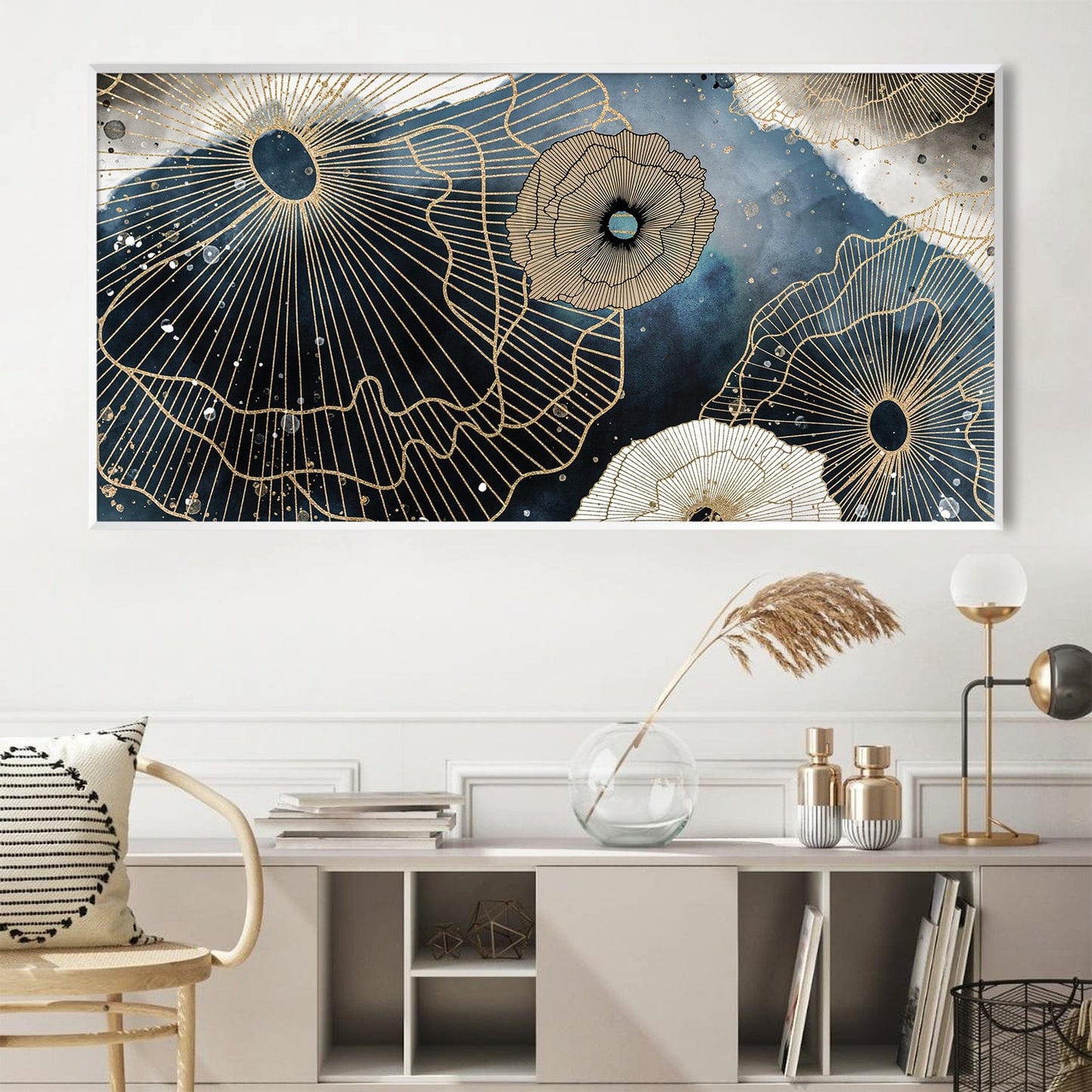 Elegant Gold and Blue Floral Abstract Oil Painting for Modern Home Decor