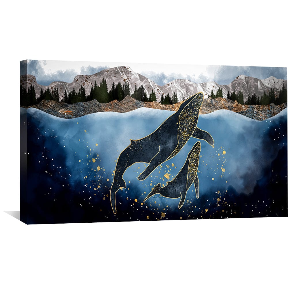 Whale Dance in Cosmic Waters - Elegant Oil Painting for Nautical Home Decor