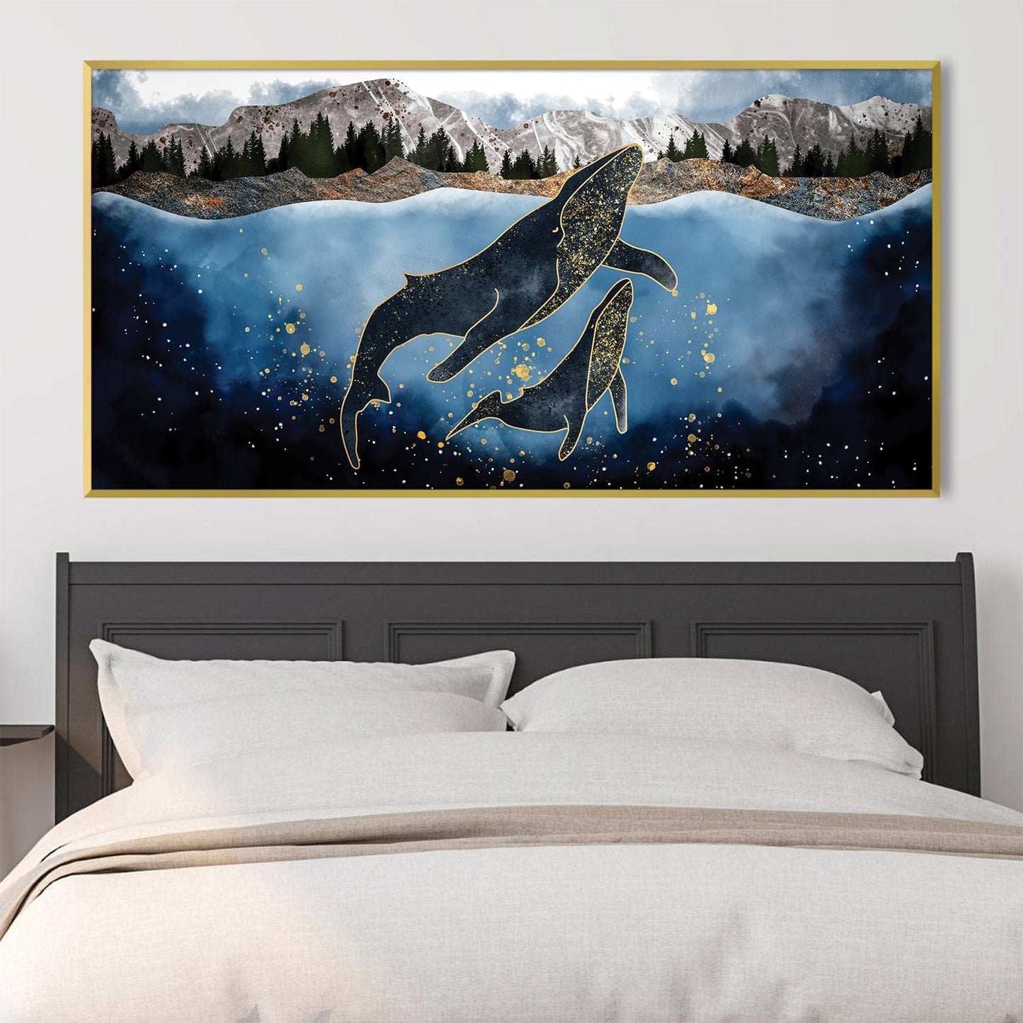 Whale Dance in Cosmic Waters - Elegant Oil Painting for Nautical Home Decor