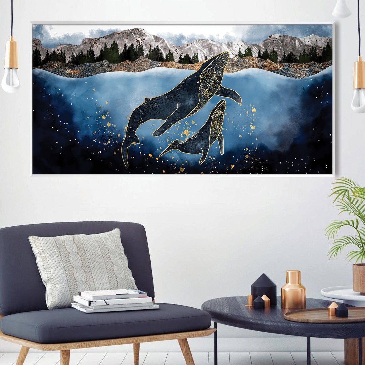 Whale Dance in Cosmic Waters - Elegant Oil Painting for Nautical Home Decor