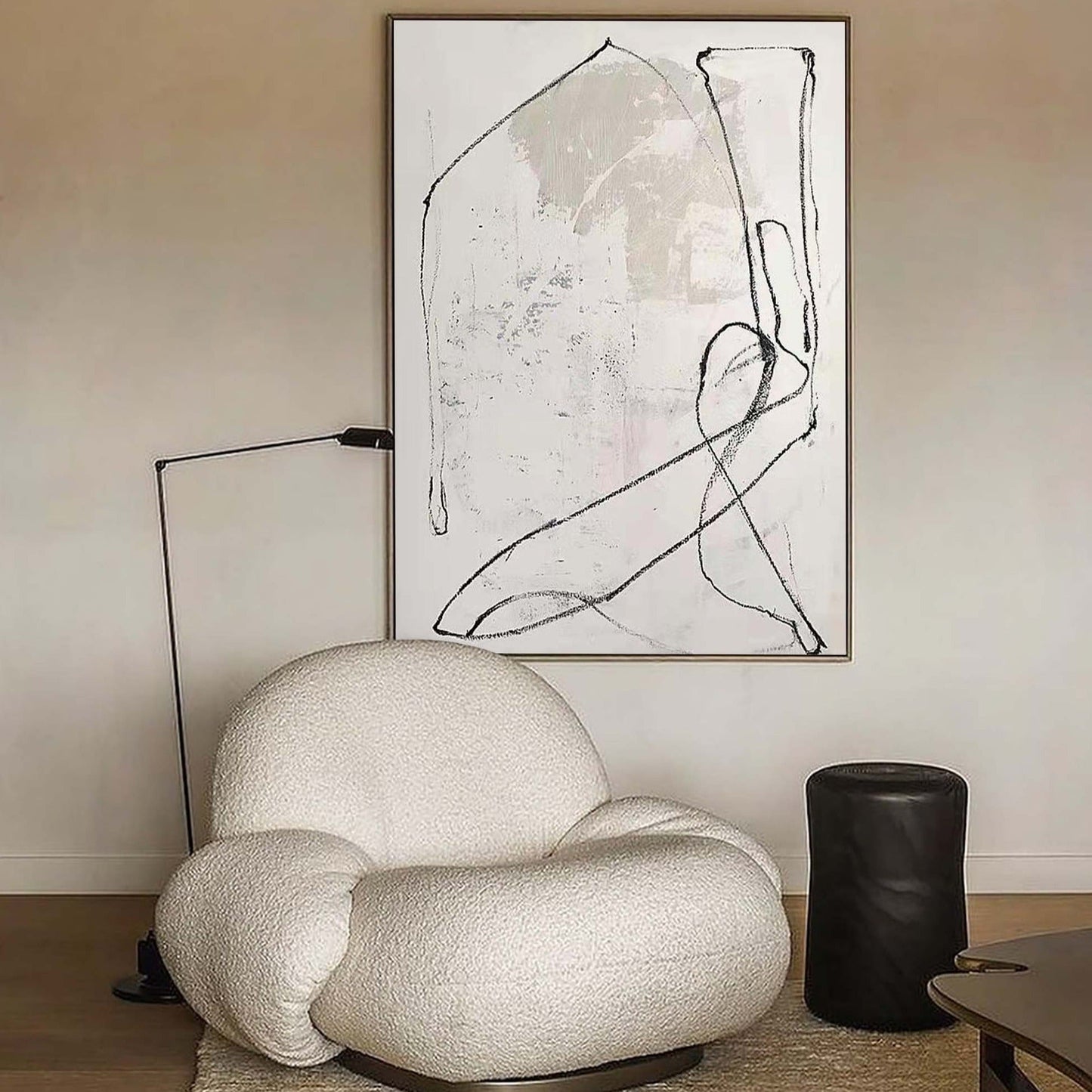 Contemporary White Abstract Oil Painting with Minimalist Line Art Design