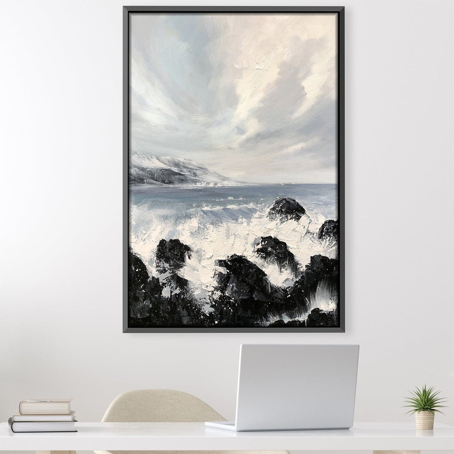 Dynamic Seascape Oil Painting of Ocean Waves and Rocky Shoreline