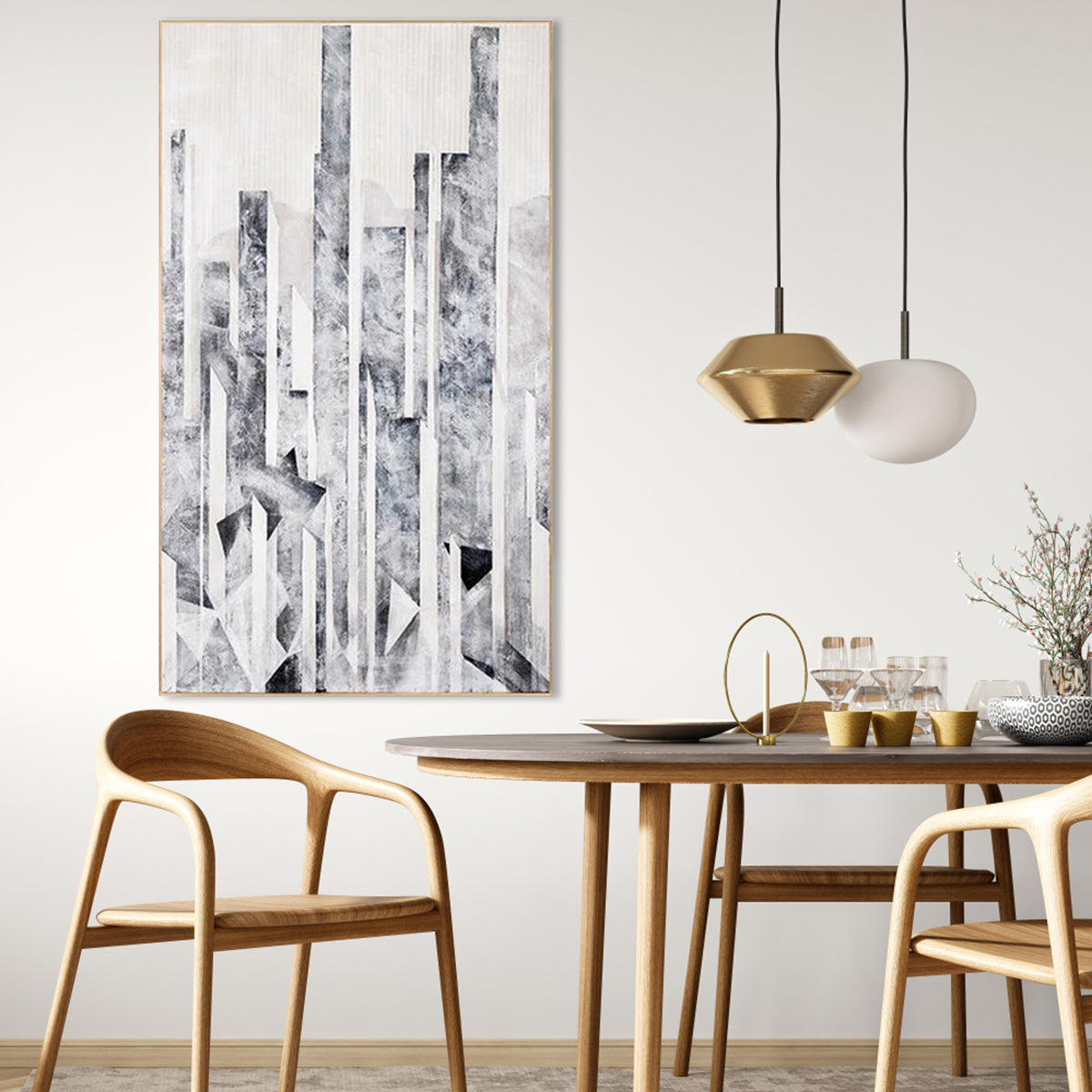 Abstract Grey and White Oil Painting for Modern Home Décor