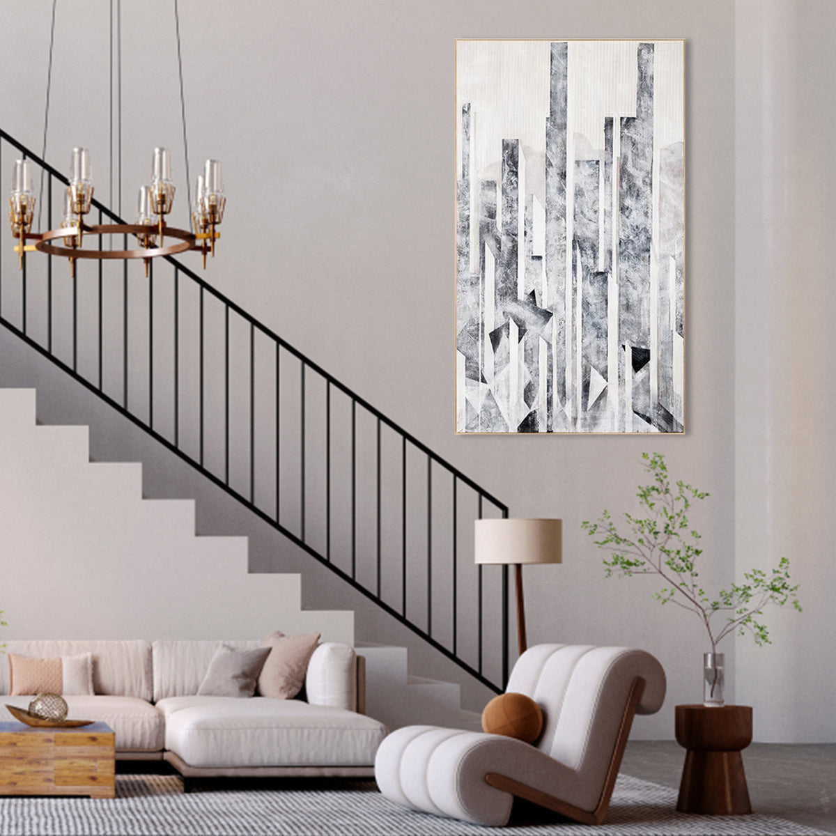 Abstract Grey and White Oil Painting for Modern Home Décor