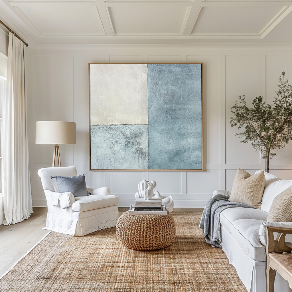 Contemporary Blue and White Abstract Oil Painting for Modern Home Decor