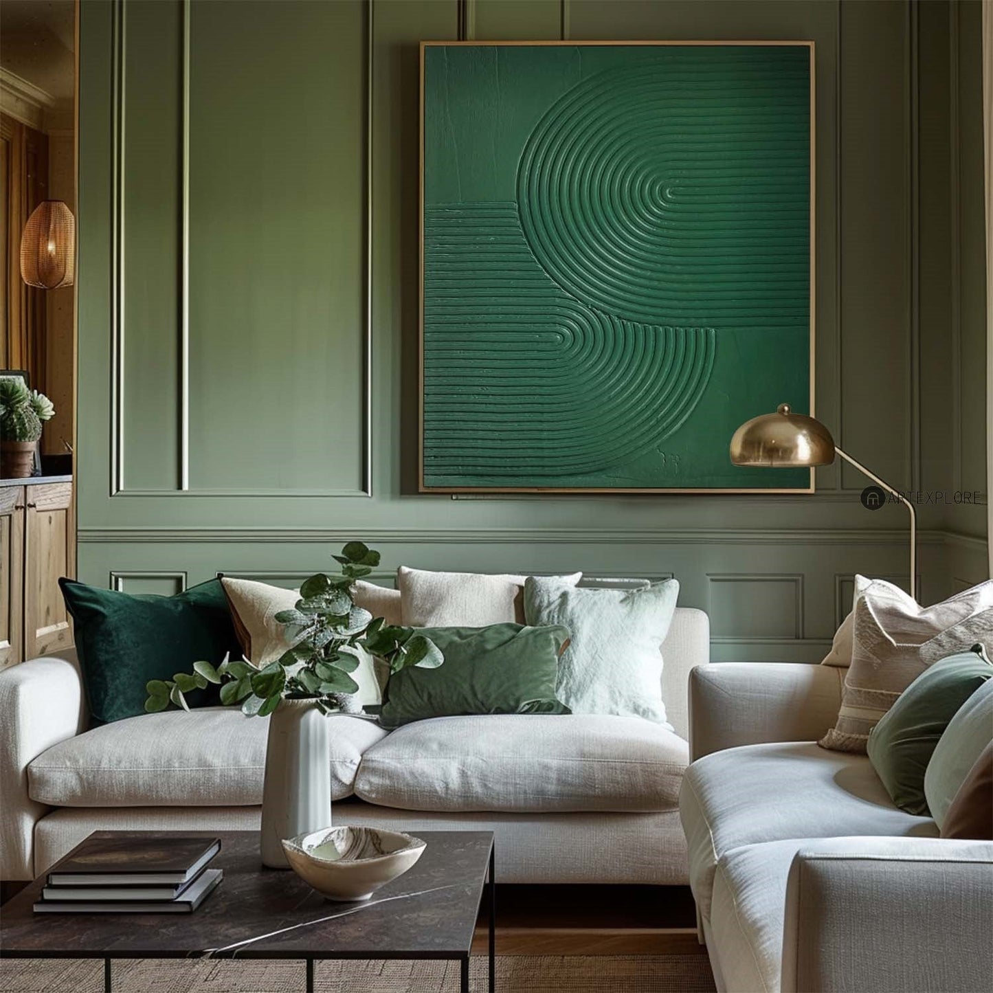 Contemporary Green Abstract Oil Painting with Minimalist Texture