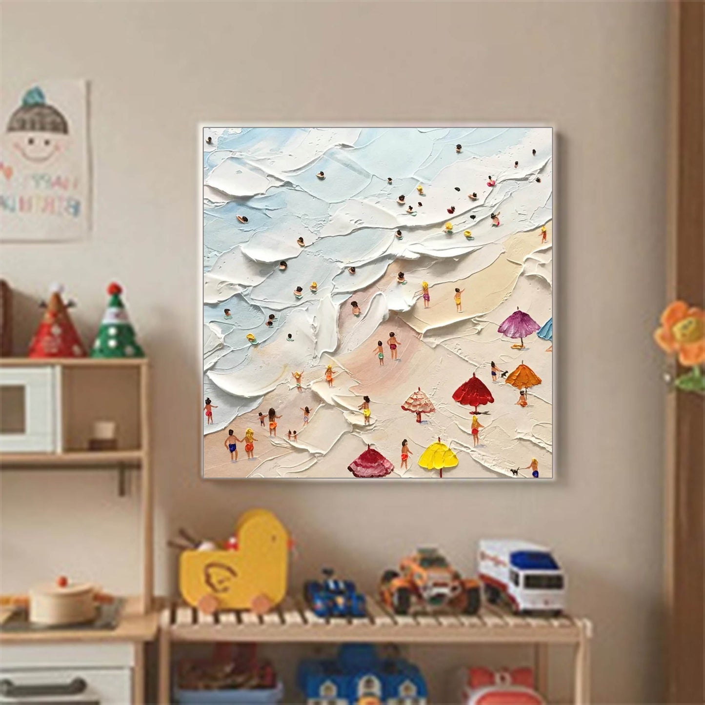 Vibrant Beach Scene Oil Painting with Colorful Umbrellas and Ocean Waves