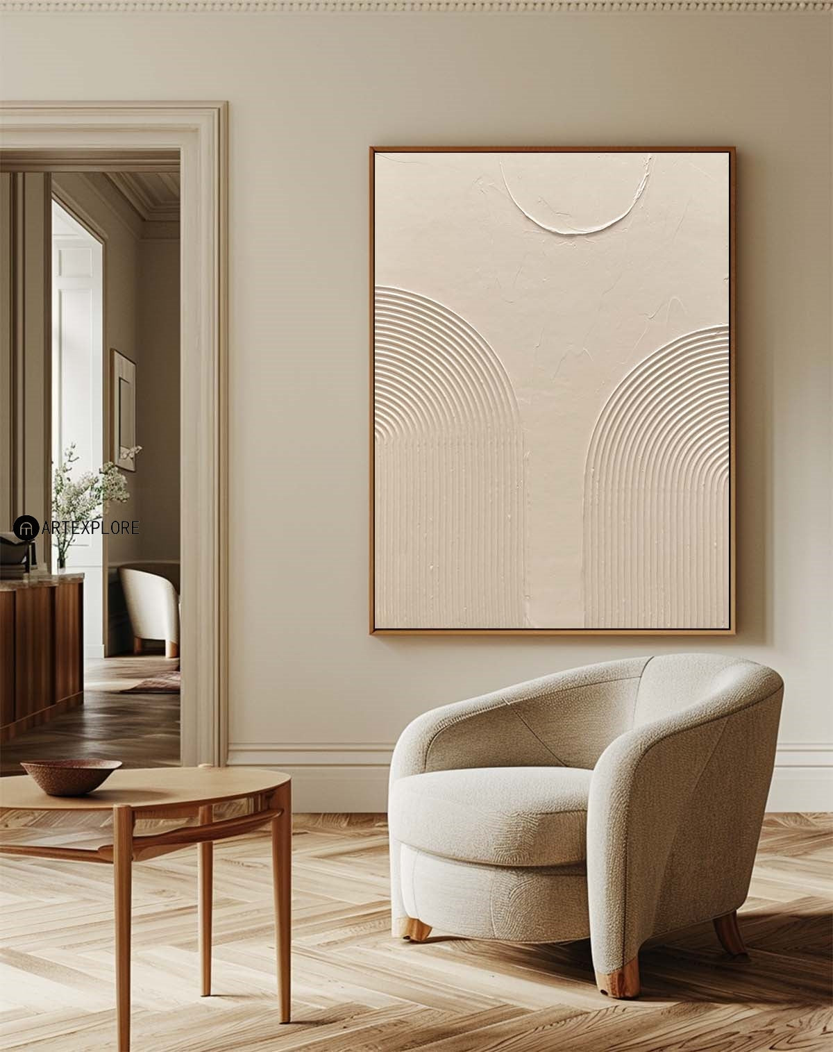 Modern Beige Abstract Oil Painting with Textured Lines and Minimalist Design