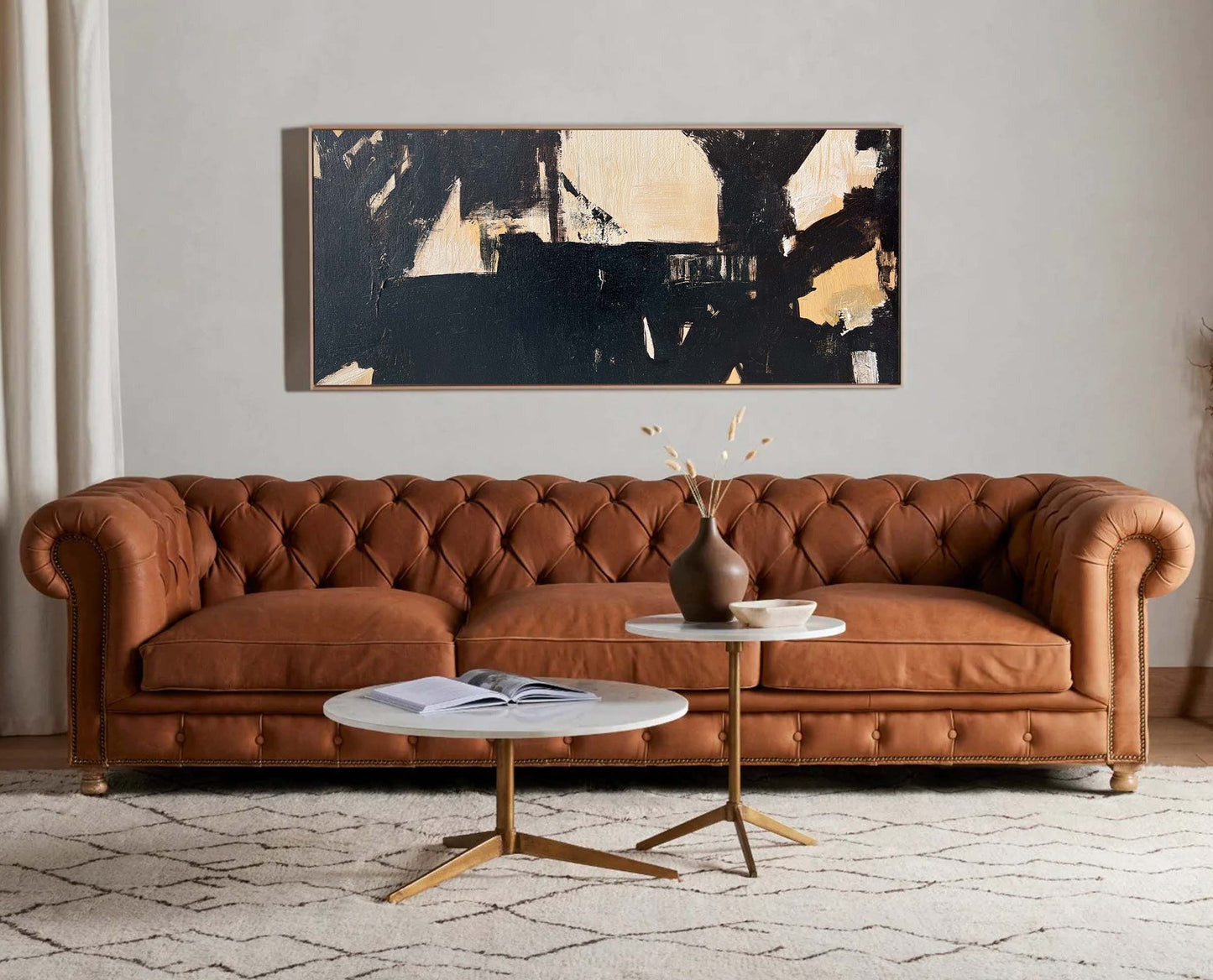 Elegant Black and Beige Minimalist Abstract Oil Painting for Modern Decor