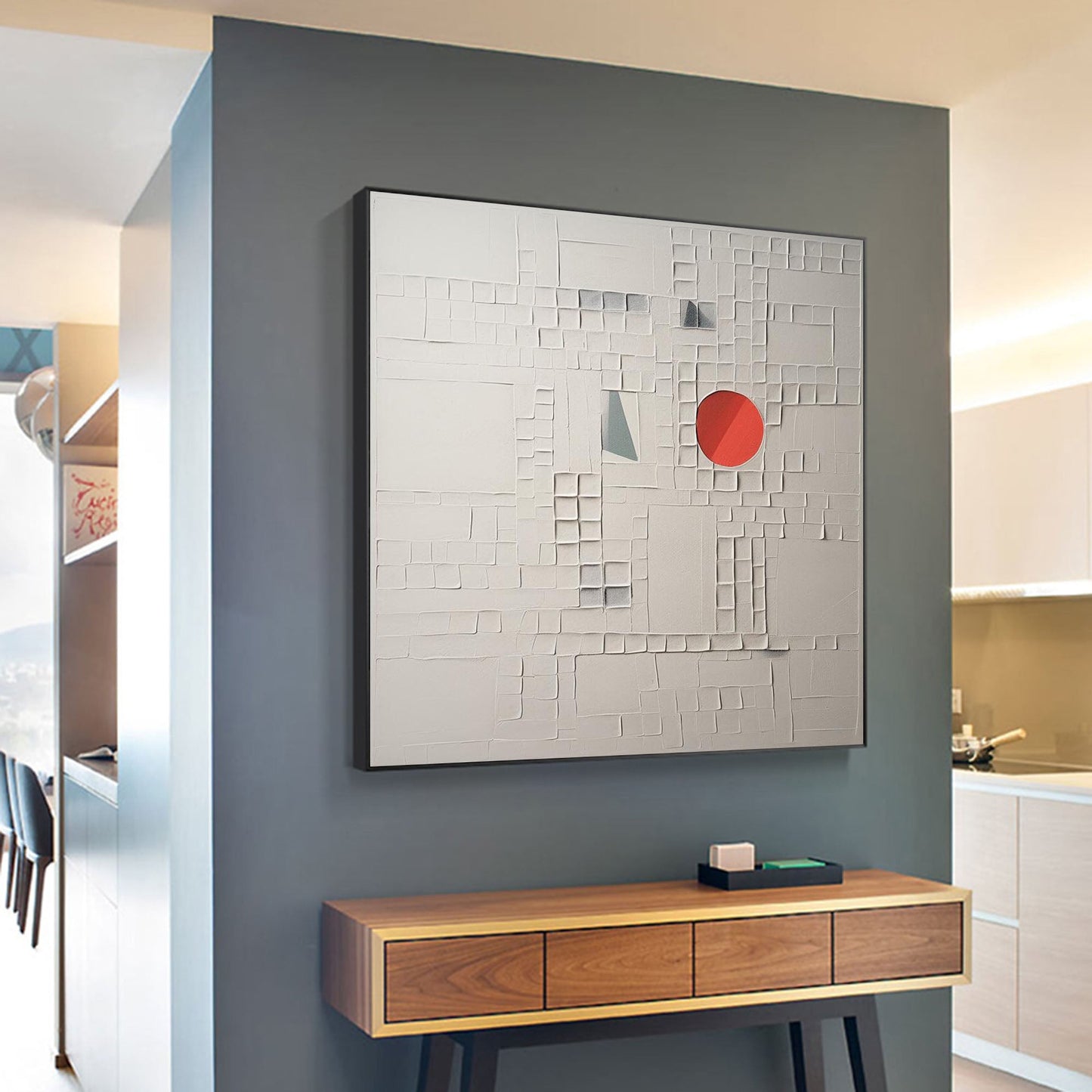 Abstract Textured Oil Painting with Bold Red Circle and Geometric Elements