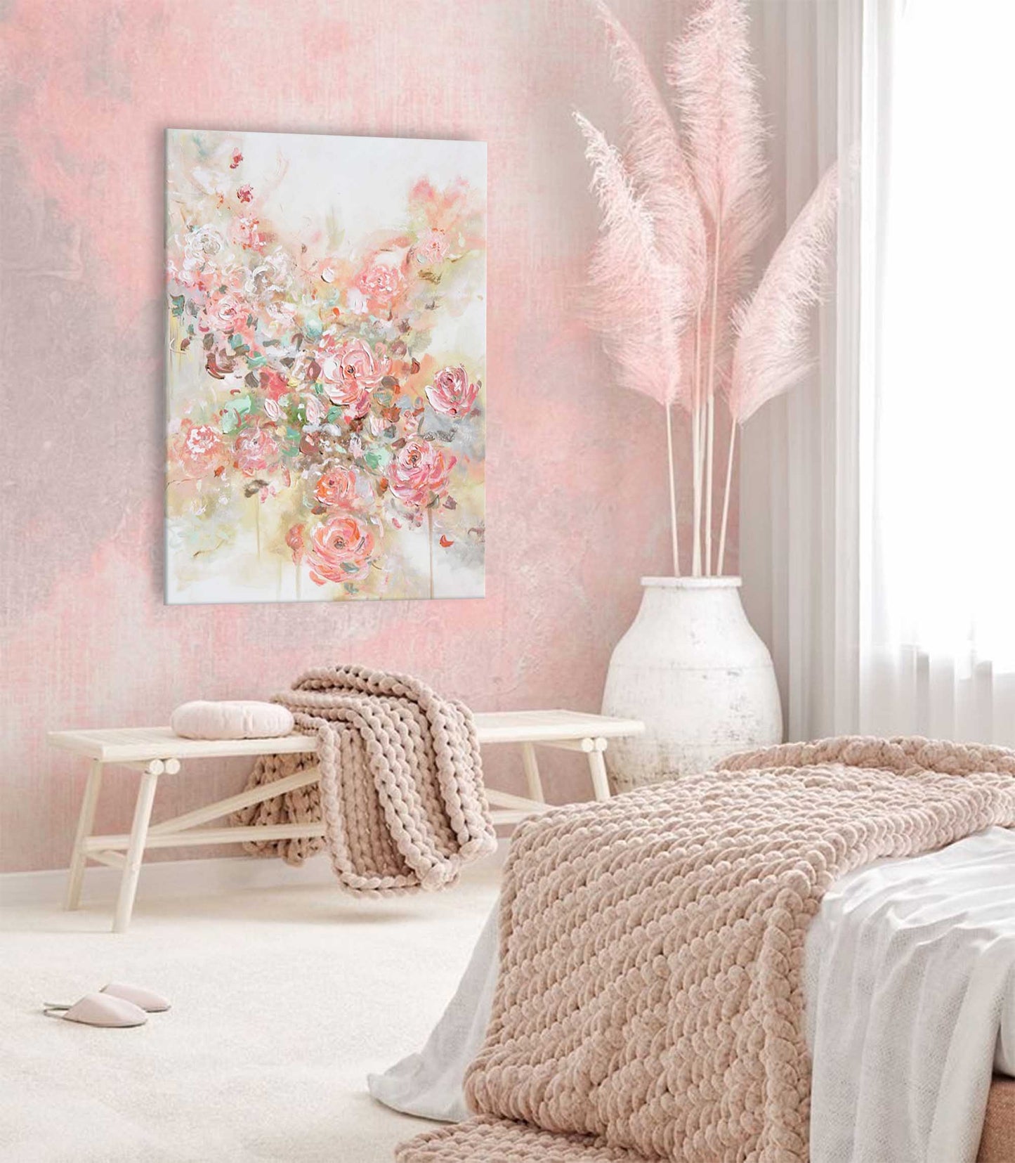 Romantic Floral Oil Painting with Soft Pink Roses and Abstract Background