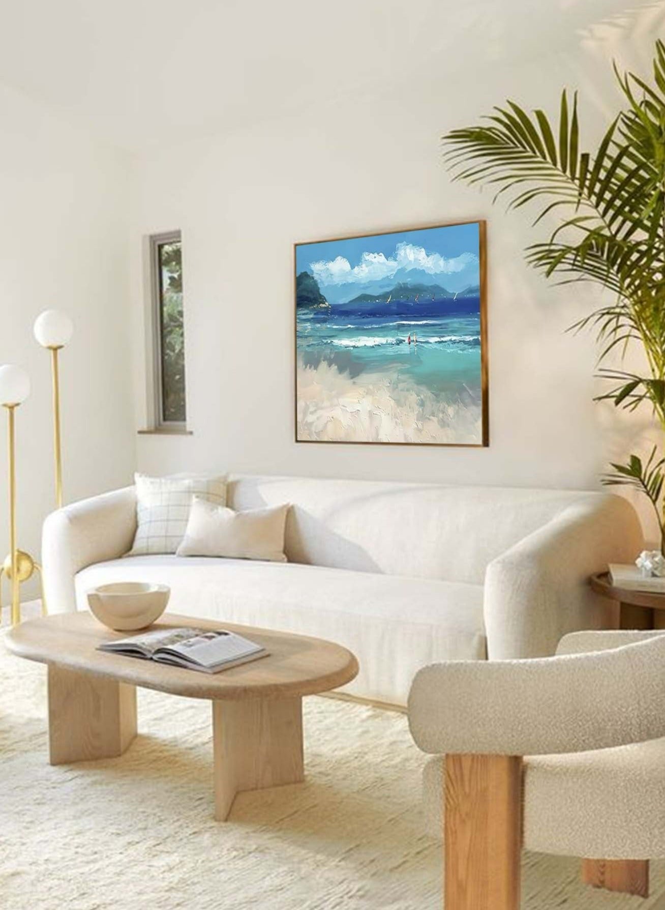 Vibrant Beach Scene Oil Painting with Ocean Waves and Sailboats