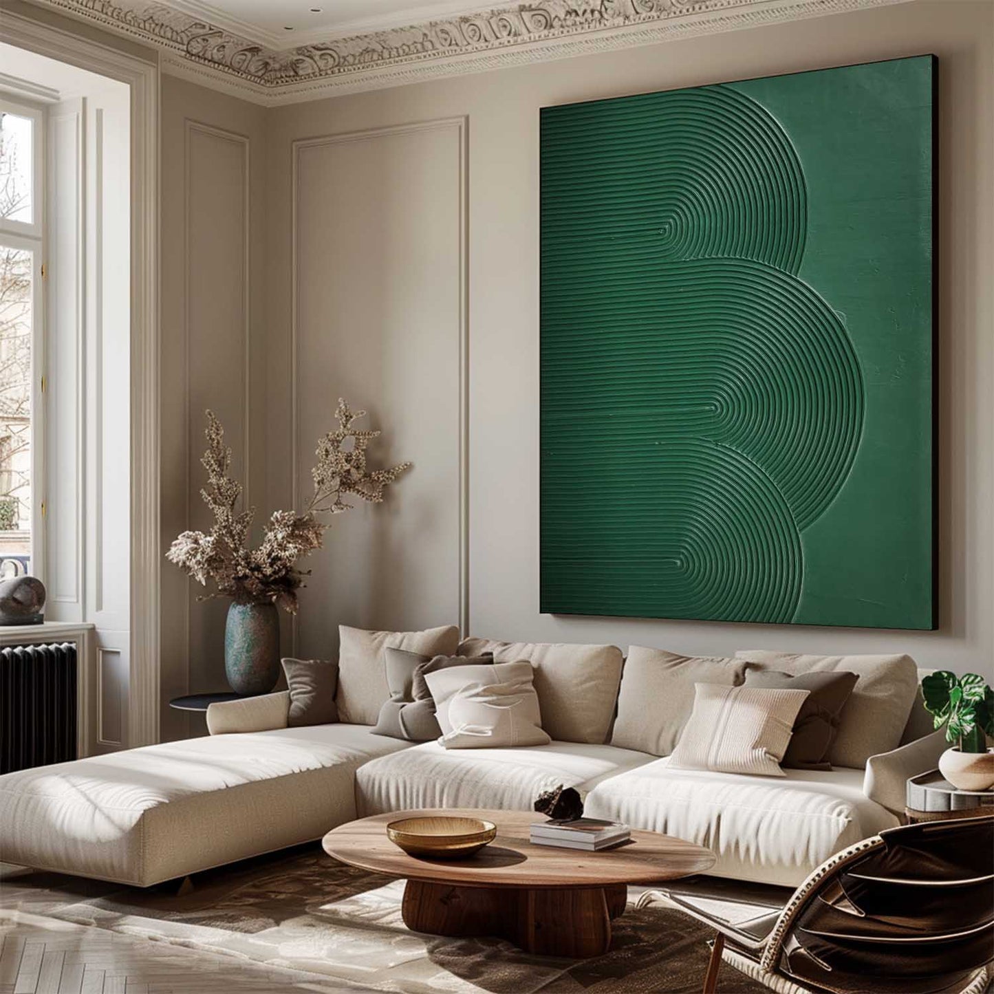 Lush Green Minimalist Oil Painting with Abstract Line Design for Modern Decor
