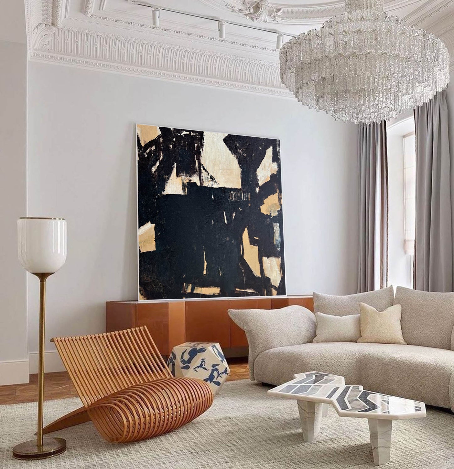 Contemporary Minimalist Abstract Oil Painting with Bold Black and Beige Design