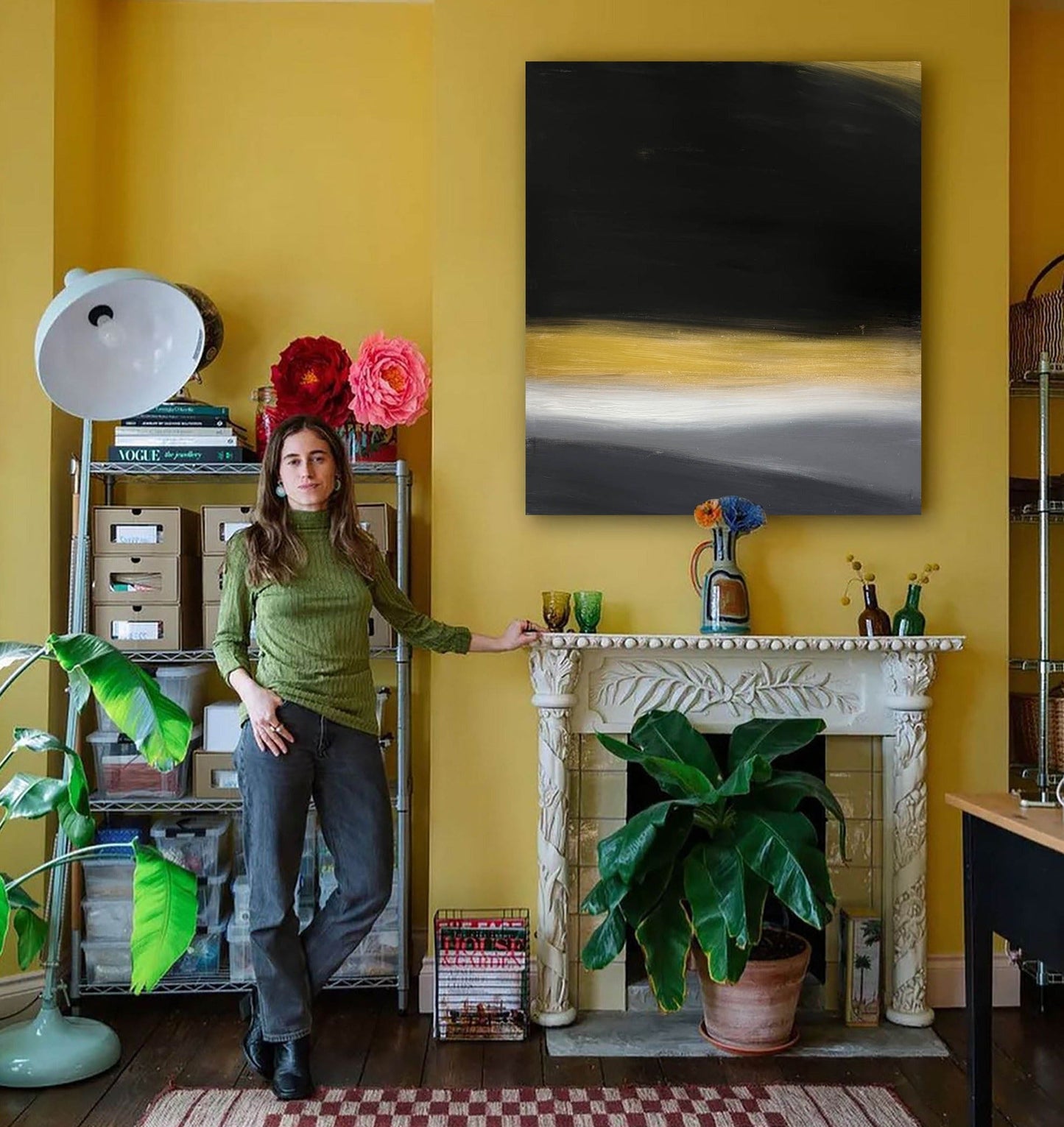 Contemporary Black and Gold Abstract Oil Painting for Modern Home Decor