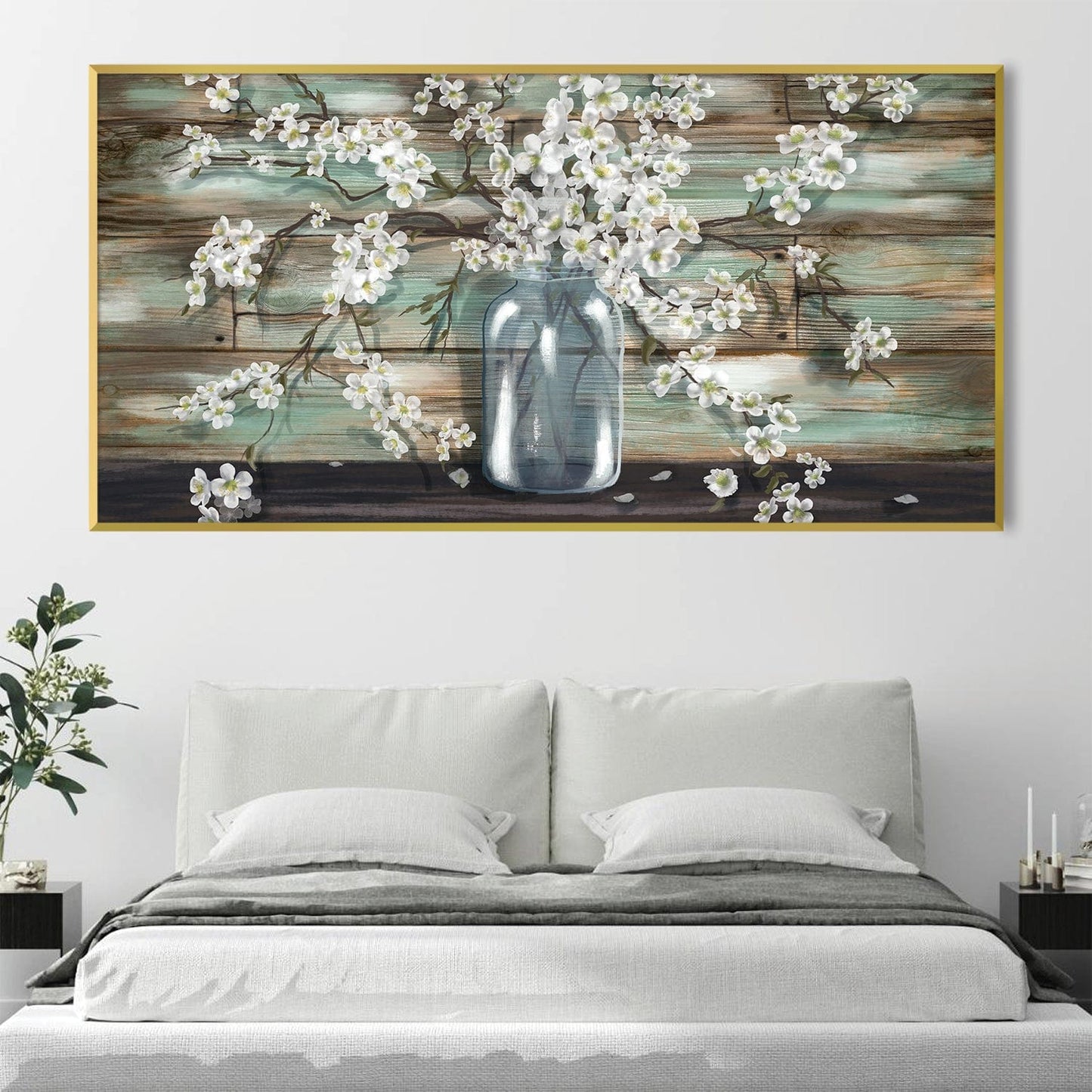 Charming White Blossoms in Rustic Jar - Elegant Floral Oil Painting for Home Decor