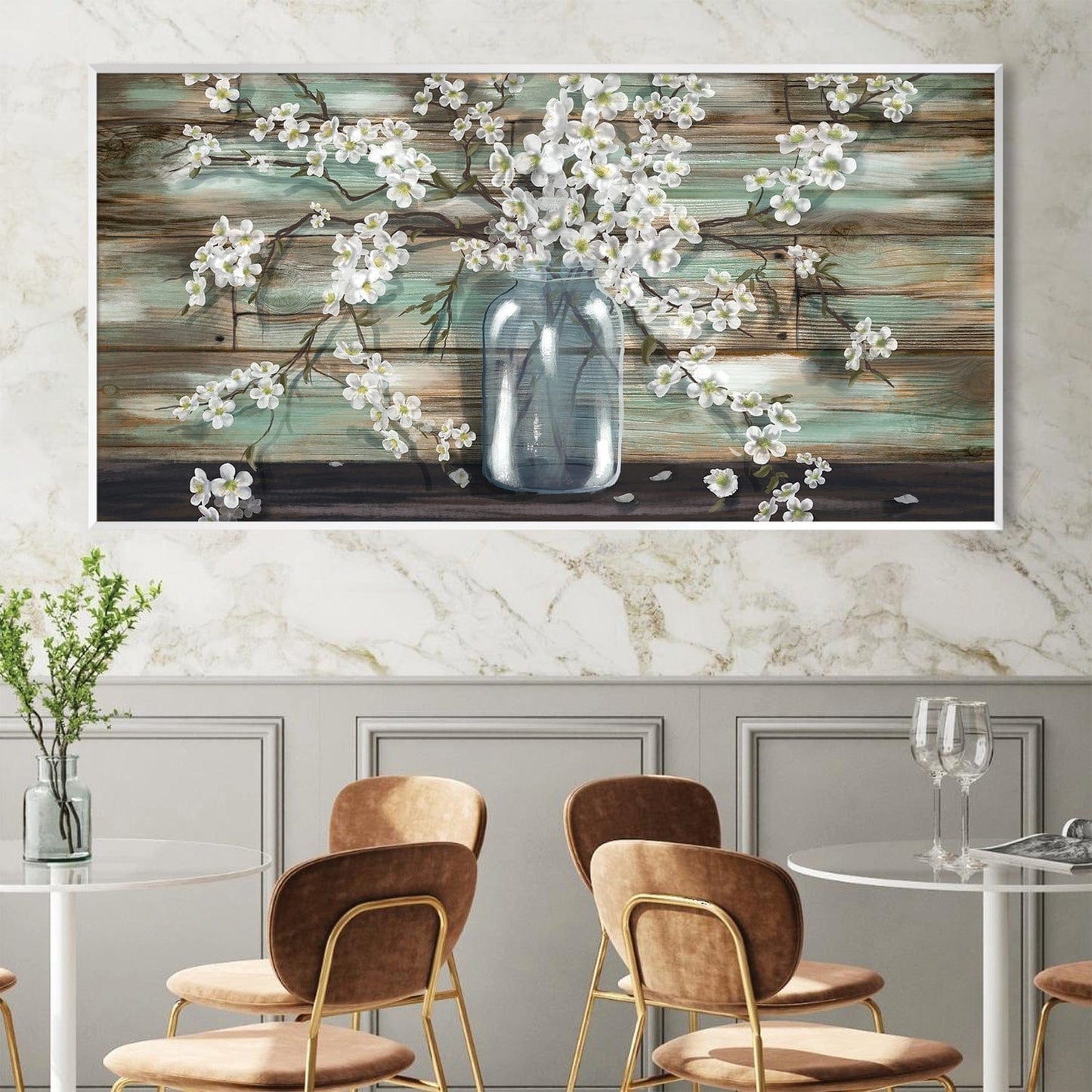 Charming White Blossoms in Rustic Jar - Elegant Floral Oil Painting for Home Decor
