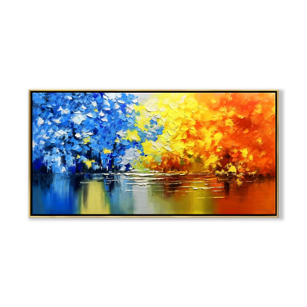 Vibrant Oil Painting of Seasonal Colors Reflecting in Tranquil Waters