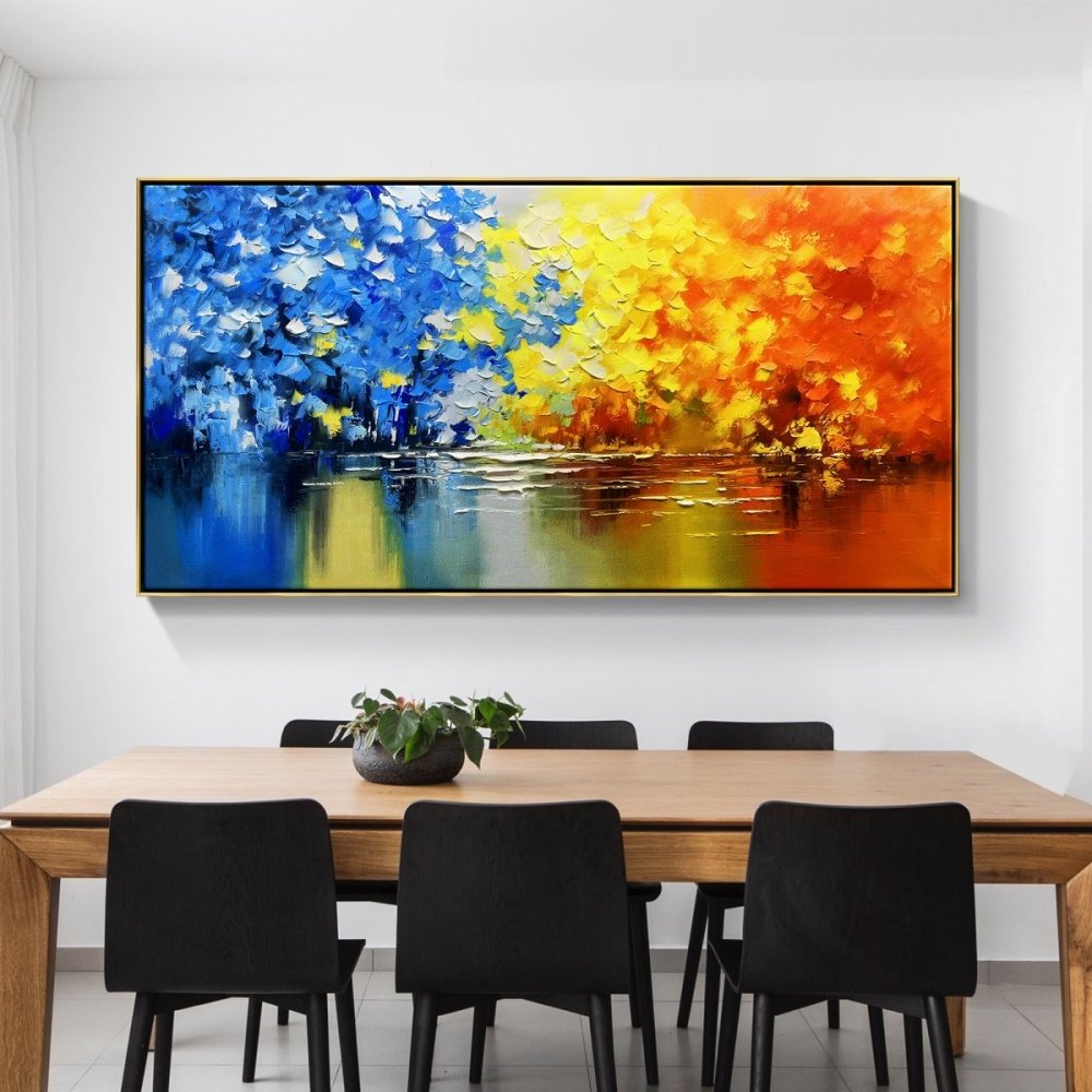 Vibrant Oil Painting of Seasonal Colors Reflecting in Tranquil Waters