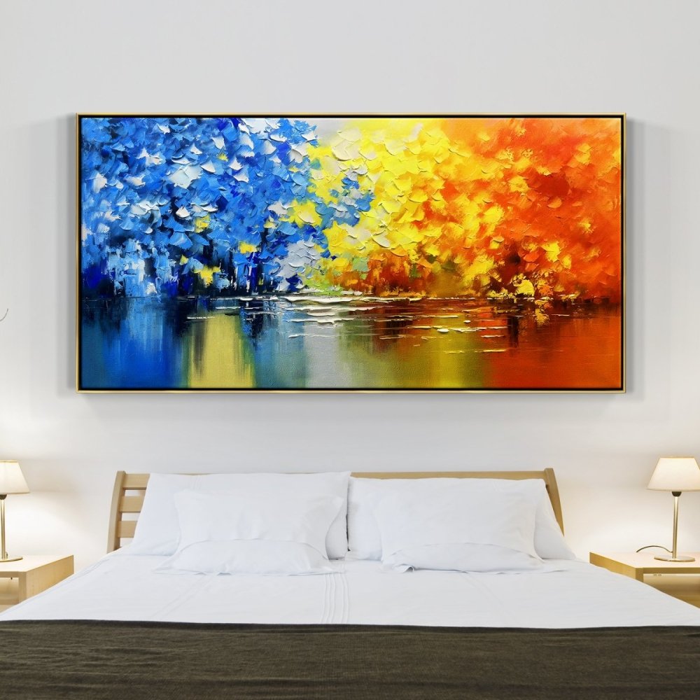 Vibrant Oil Painting of Seasonal Colors Reflecting in Tranquil Waters