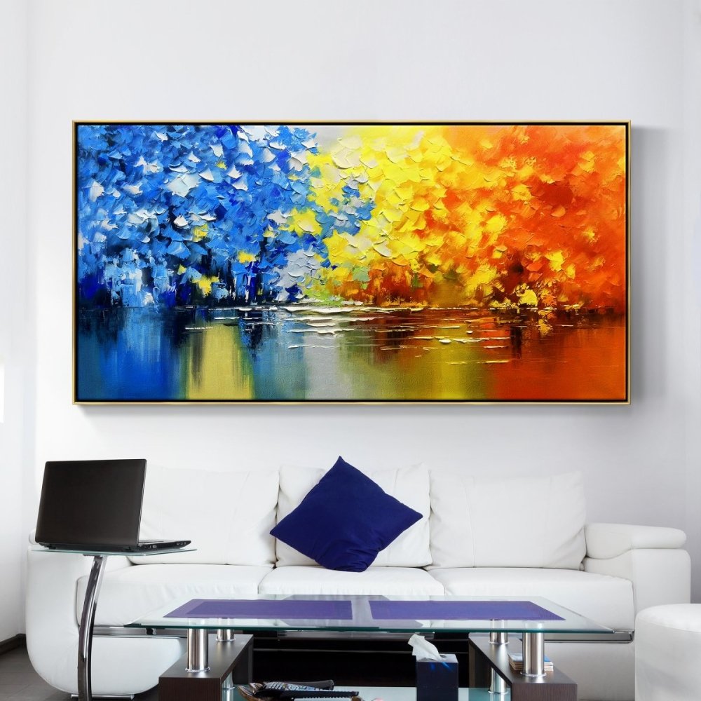Vibrant Oil Painting of Seasonal Colors Reflecting in Tranquil Waters