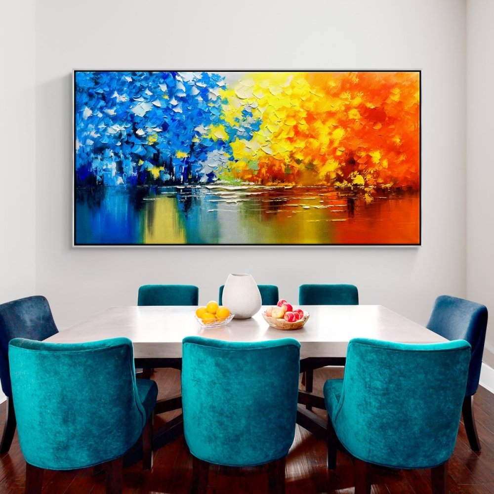 Vibrant Oil Painting of Seasonal Colors Reflecting in Tranquil Waters
