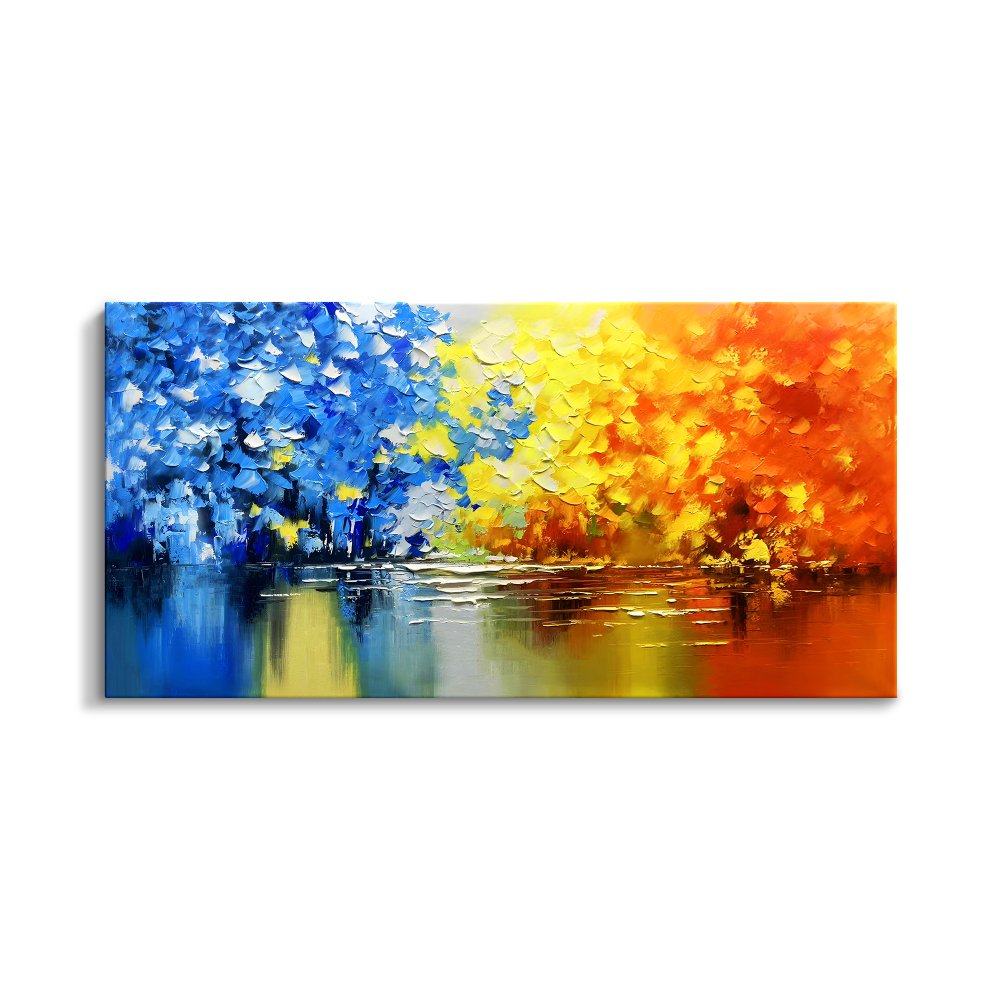 Vibrant Oil Painting of Seasonal Colors Reflecting in Tranquil Waters