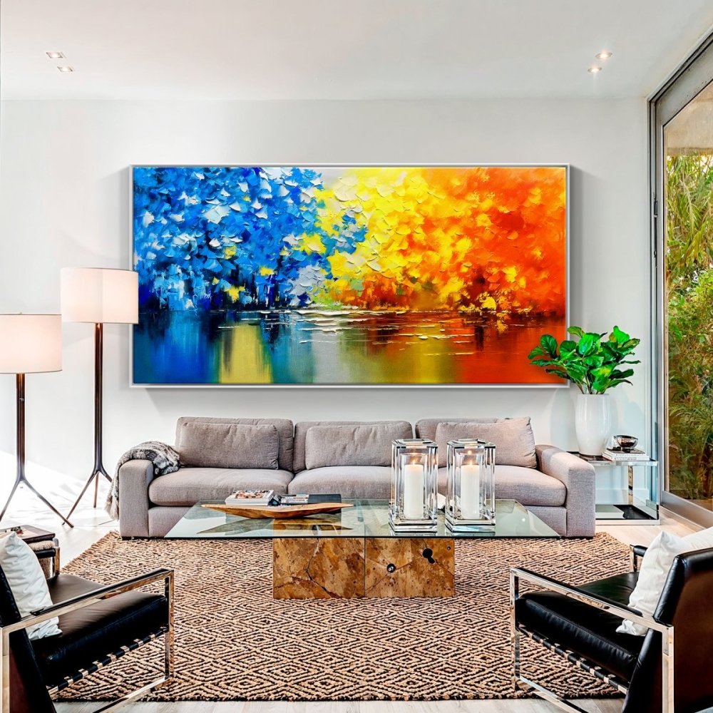 Vibrant Oil Painting of Seasonal Colors Reflecting in Tranquil Waters