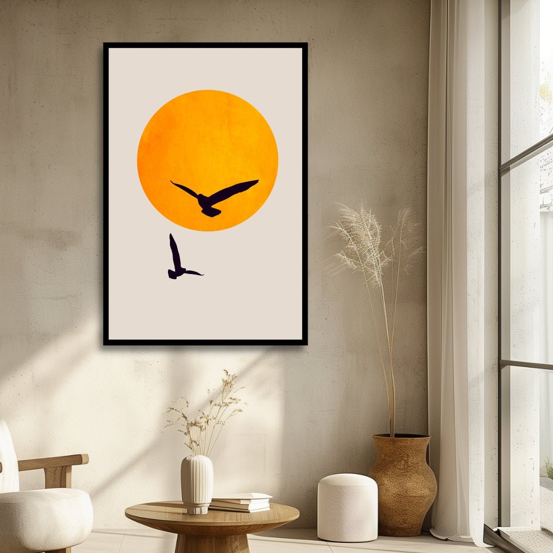 Abstract Sun and Birds Oil Painting for Modern Home Decor