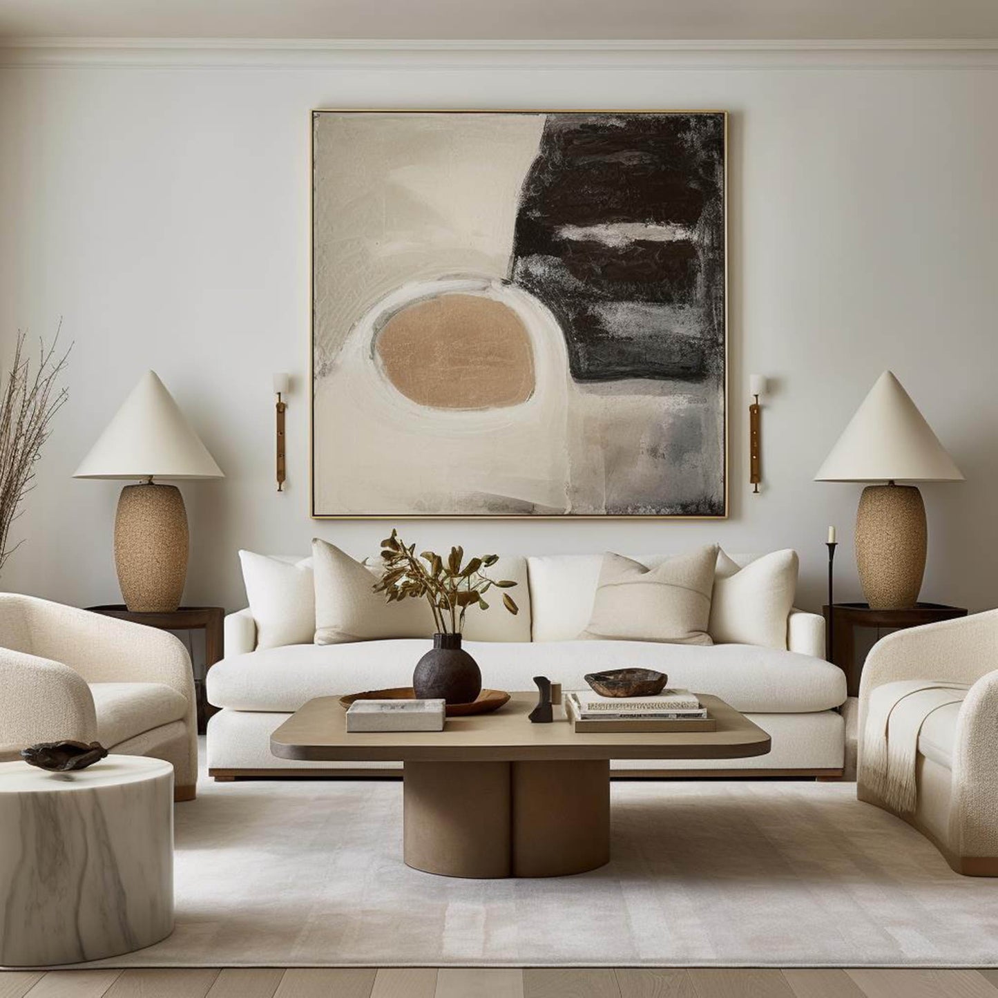 Contemporary Beige and Black Abstract Oil Painting for Modern Home Décor