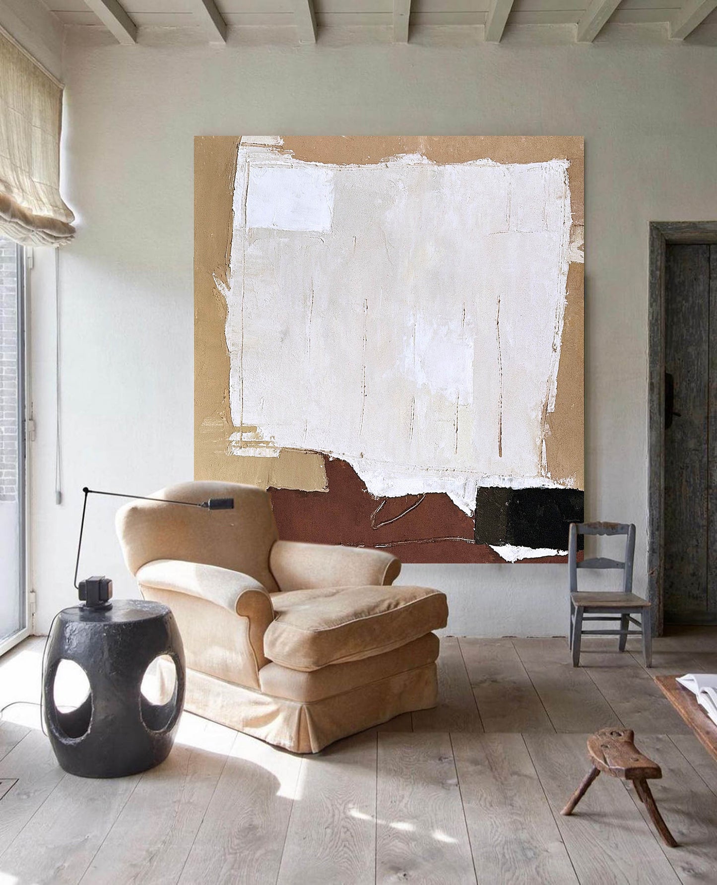 Contemporary Abstract Oil Painting with Textured Shades of Beige and Earth Tones