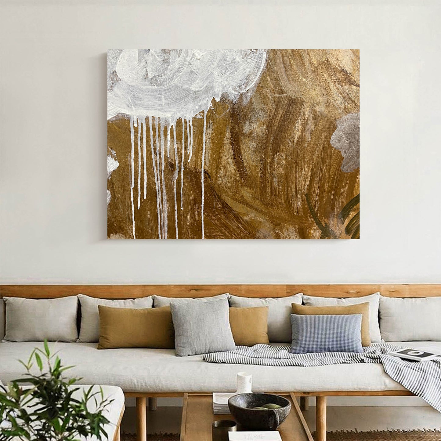 Contemporary Gold and White Abstract Oil Painting for Modern Decor