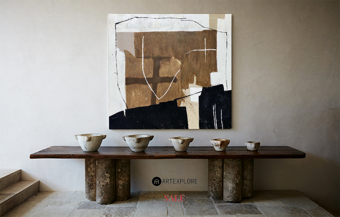 Contemporary Abstract Oil Painting with Bold Geometric Shapes and Earthy Tones