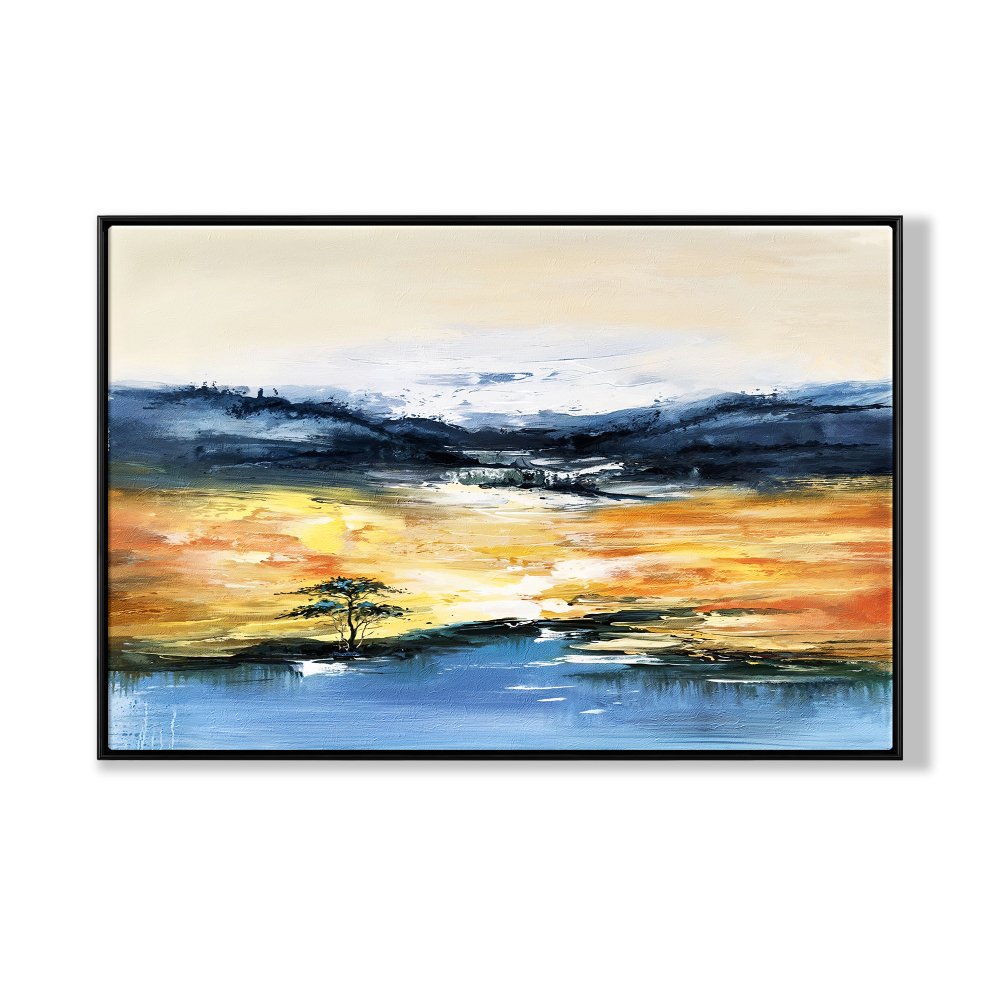 Vibrant Desert Oasis Landscape Oil Painting – Serene Sunset Reflection on Water