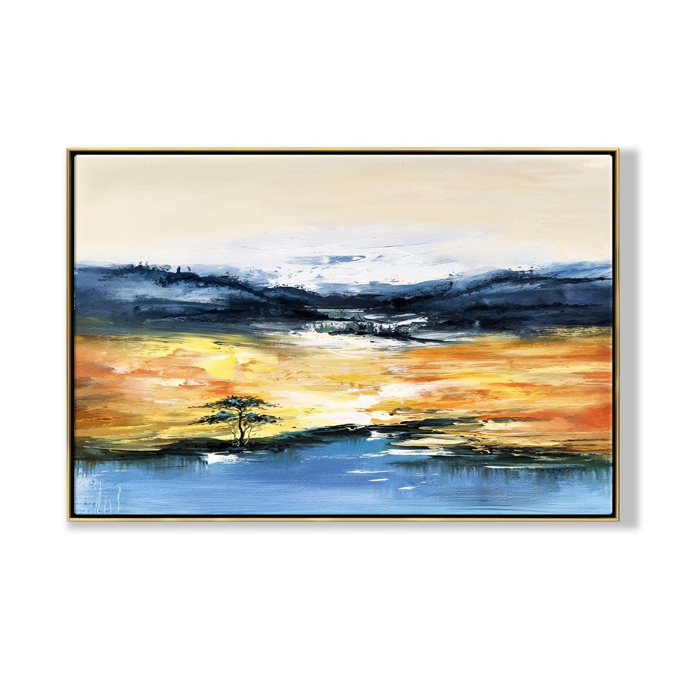 Vibrant Desert Oasis Landscape Oil Painting – Serene Sunset Reflection on Water