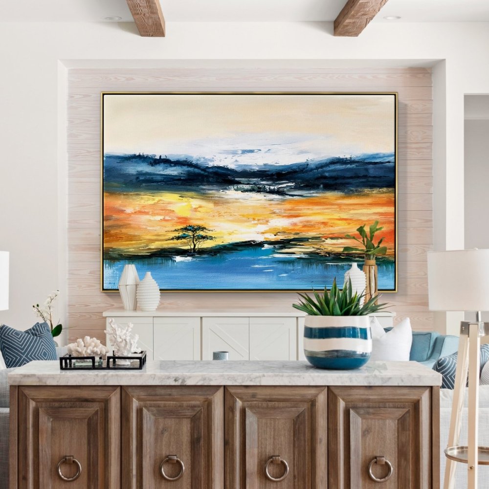 Vibrant Desert Oasis Landscape Oil Painting – Serene Sunset Reflection on Water