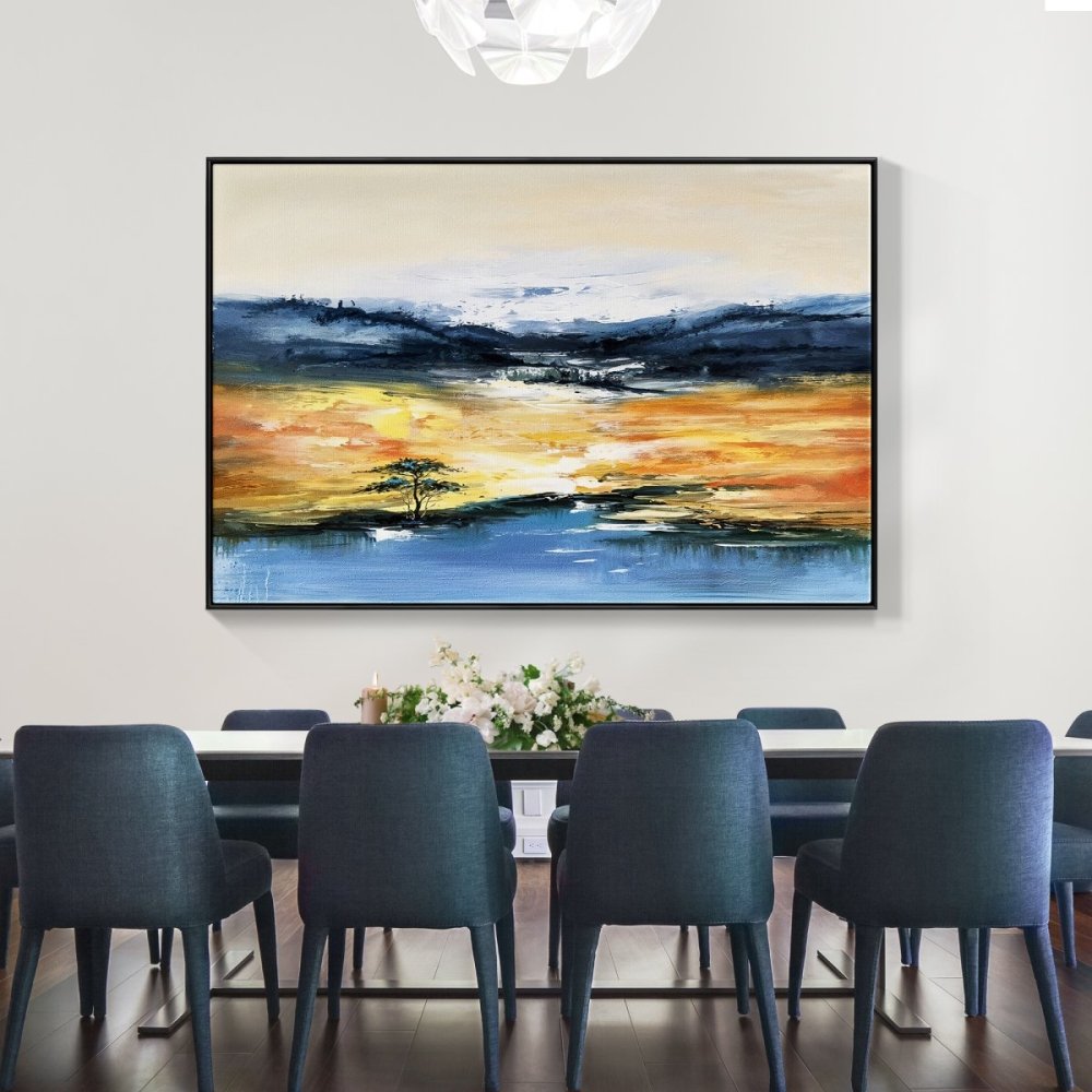 Vibrant Desert Oasis Landscape Oil Painting – Serene Sunset Reflection on Water